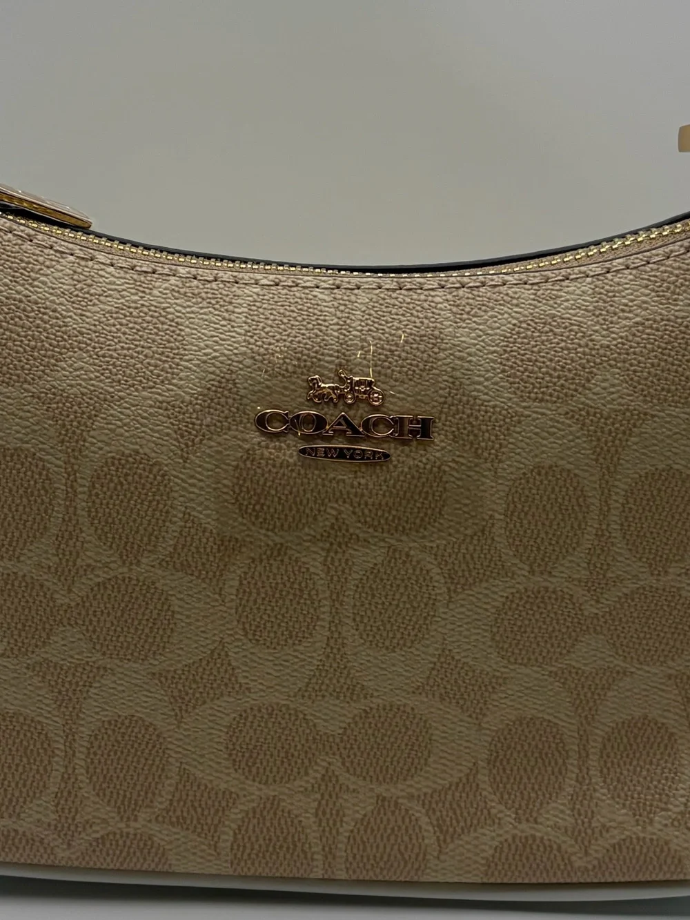 Coach Tan Signature Canvas Shoulder Bag with White Trim